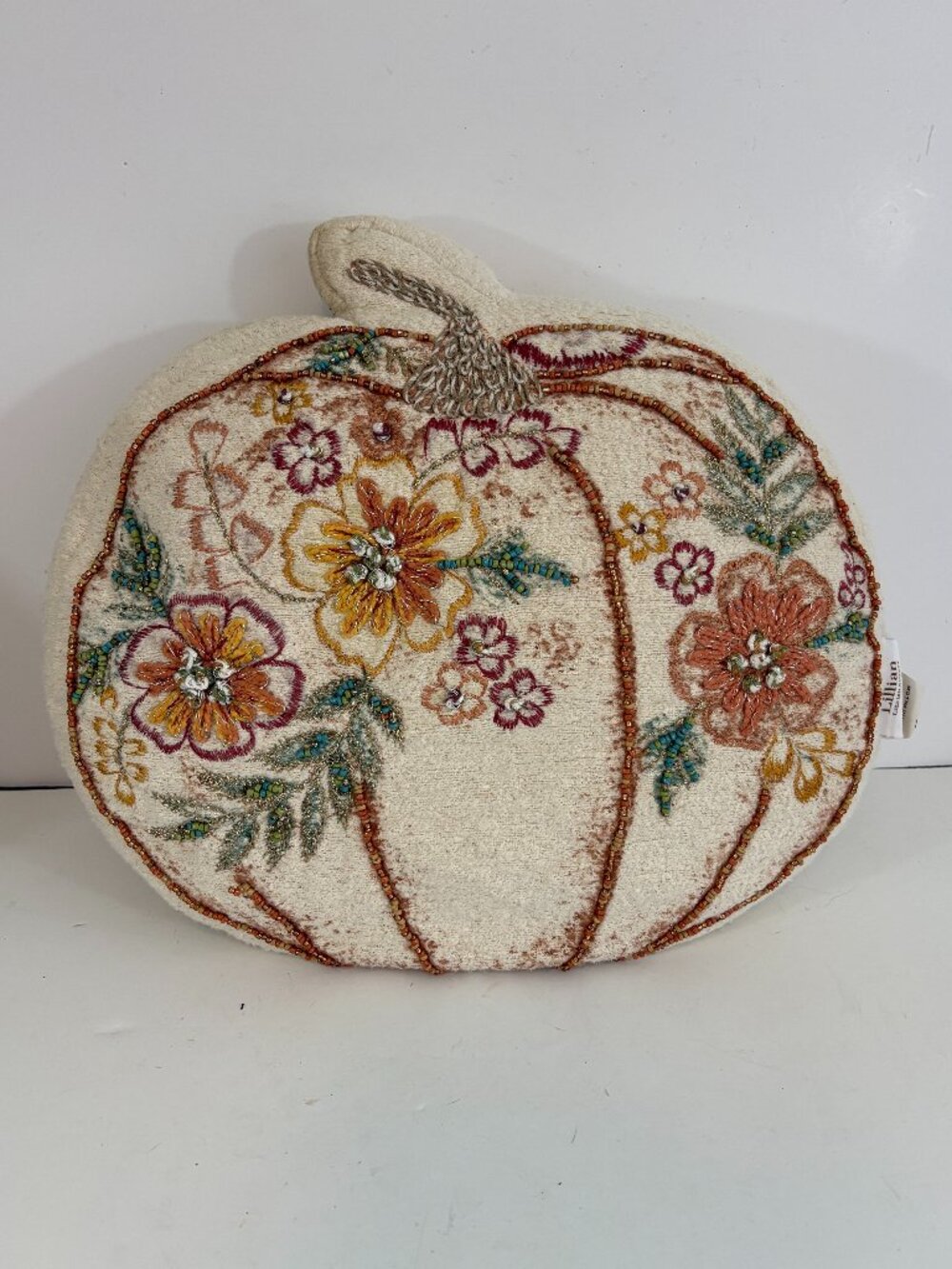Lillian August Embroidered Beaded Floral Pumpkin Throw Pillow Fall Harvest Decor